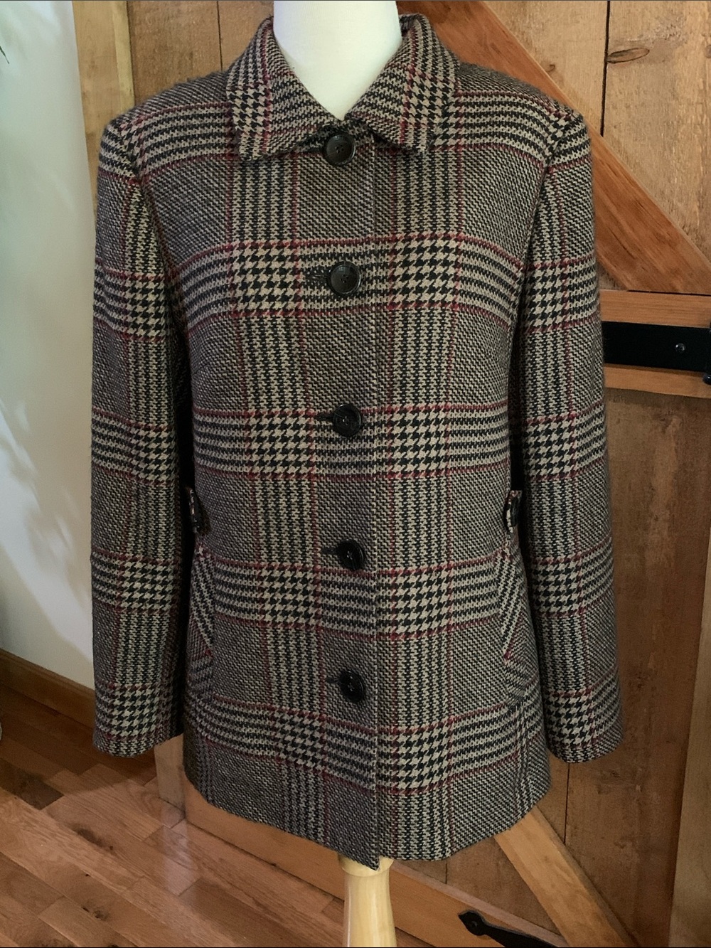 Vintage 1990’s TALBOTS Plaid Lined Wool Peacoat in Brown Red & Black Size 14